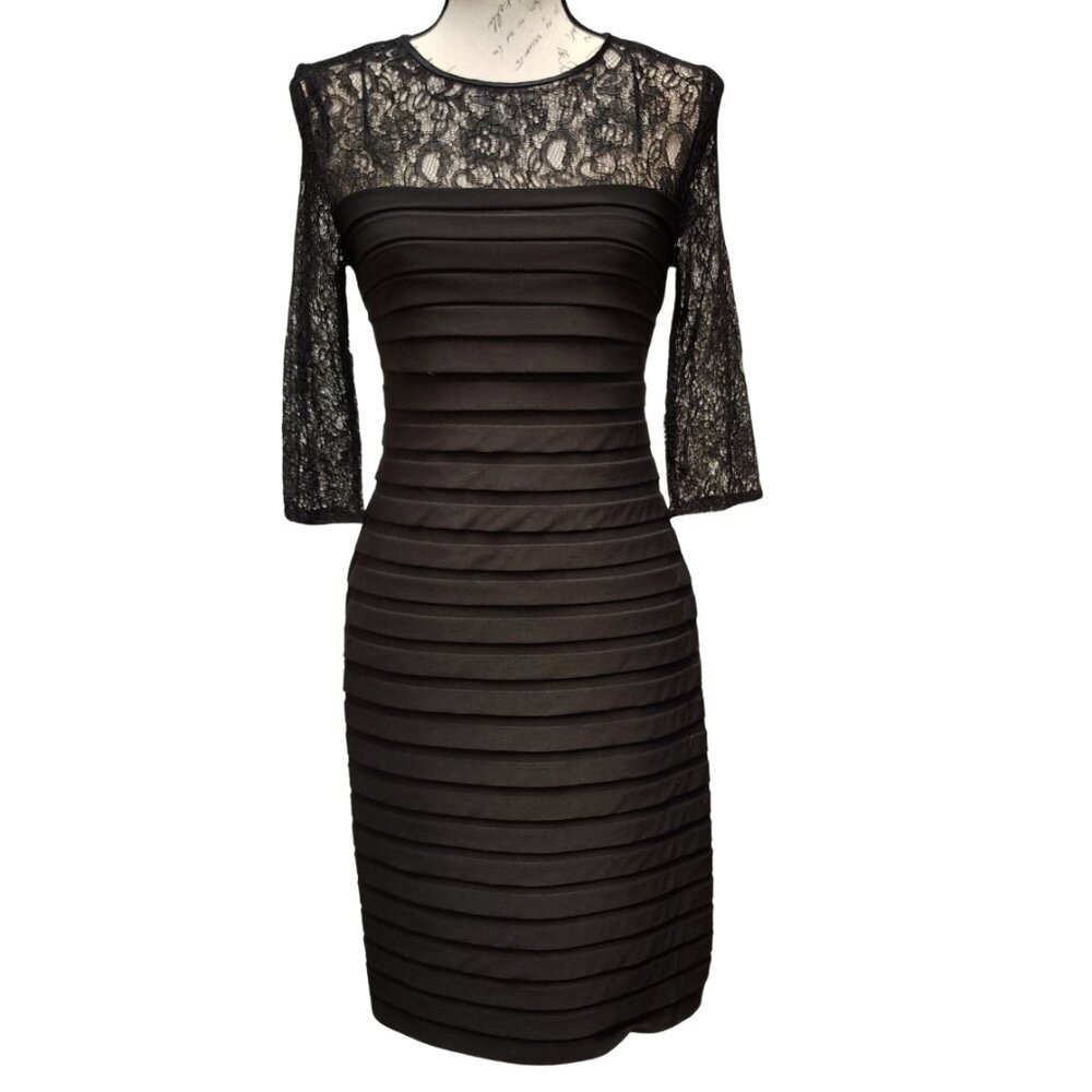 Adrianna Papell Midi Dress 6 Black Lace Banded Bodycon Sophiticated Formal Event
